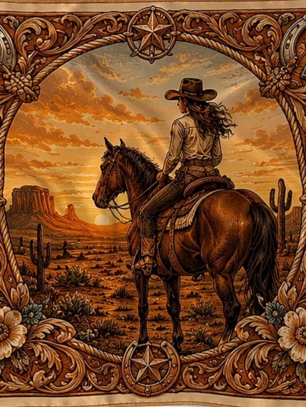 Western Sunset Cowgirl Print Scarf - Golden/Brown 35.83”